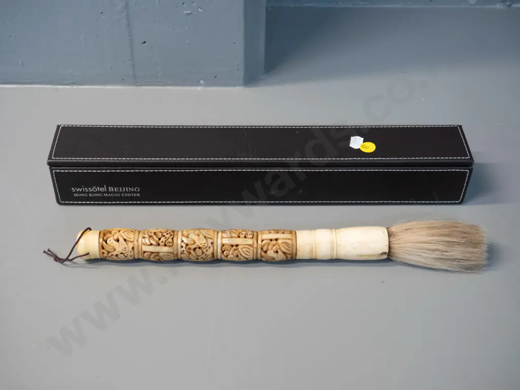 bone or composite & bone and hair pierced and carved large calligraphy brush in Swissotel Beijing presentation box L-350 Image 1++