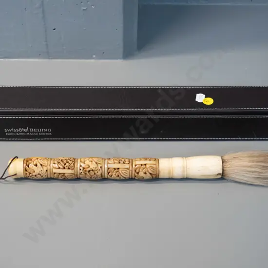 bone or composite & bone and hair pierced and carved large calligraphy brush in Swissotel Beijing presentation box L-350