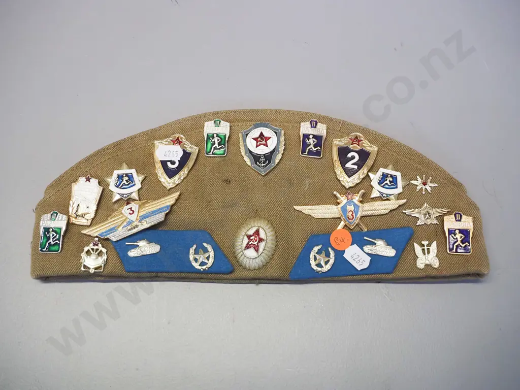 Russian military cap with assorted Soviet motif badges and patches L-290 Image 1++