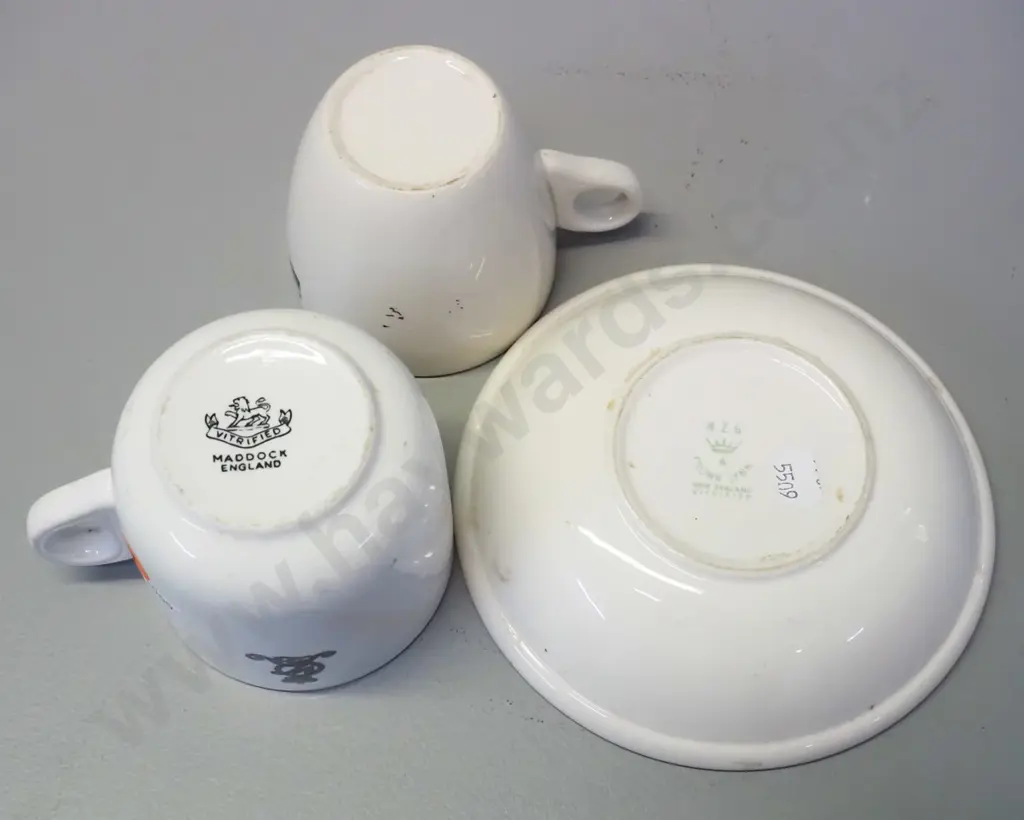 3 odd pieces NZR china - Crown Lynn cup and dessert bowl, one English Maddock cup with a crack Image 1++