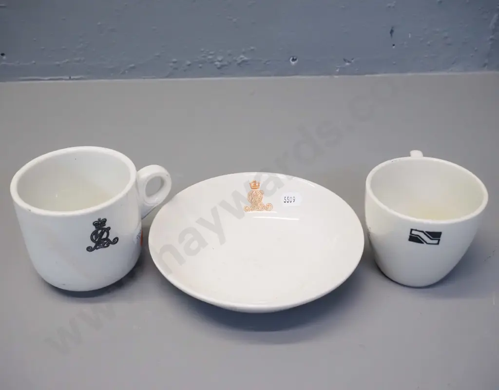 3 odd pieces NZR china - Crown Lynn cup and dessert bowl, one English Maddock cup with a crack Image 1++