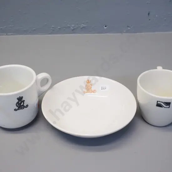 3 odd pieces NZR china - Crown Lynn cup and dessert bowl, one English Maddock cup with a crack