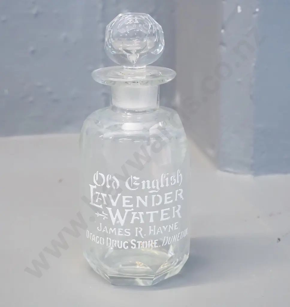 vintage stoppered apothecary bottle - lavender water, Hayne's Dunedin H-150 Image 1++