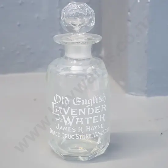 vintage stoppered apothecary bottle - lavender water, Hayne's Dunedin H-150