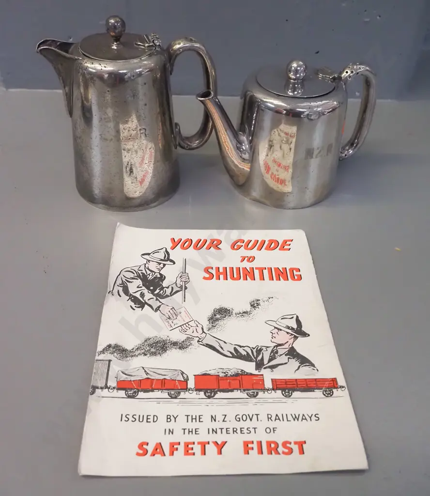 2 plated New Zealand Railways items - tea pot and hot water pot, both marked NZR, some wear and dents, plus a booklet on Image 1++