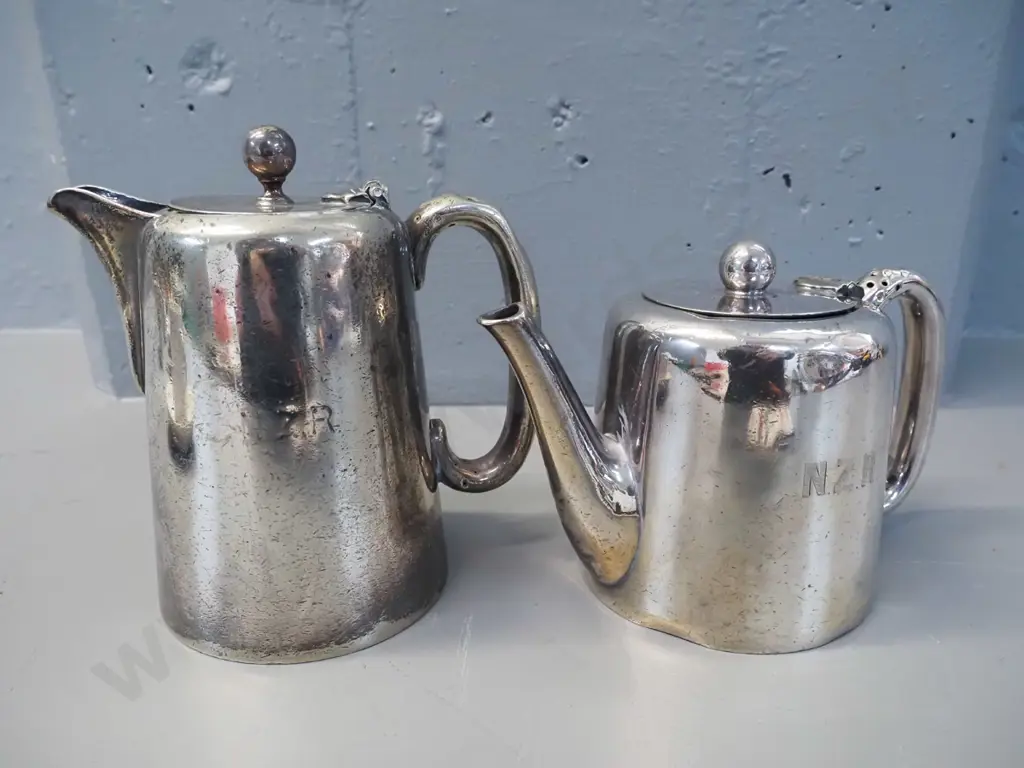 2 plated New Zealand Railways items - tea pot and hot water pot, both marked NZR, some wear and dents, plus a booklet on Image 1++