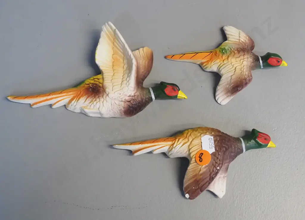 3 matte finish flying wall pheasants - marked Japan. One has chip to wing, largest is H-100 W-180 Image 1++