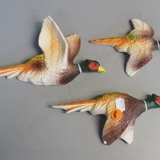 3 matte finish flying wall pheasants - marked Japan. One has chip to wing, largest is H-100 W-180