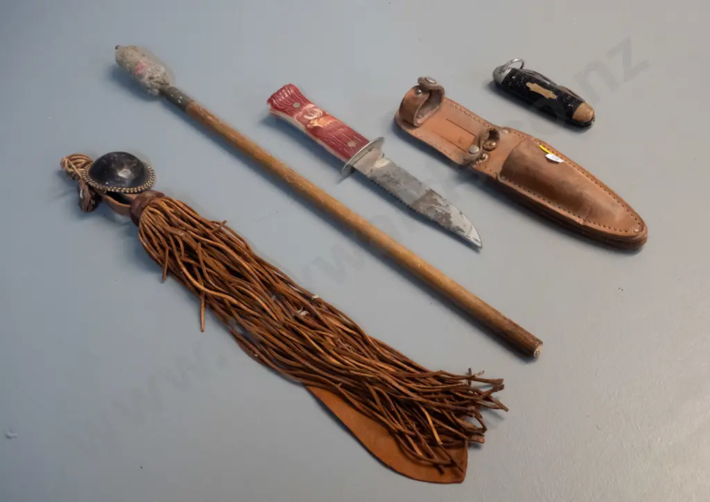 leather knife scabbard with 2 knives, ornamental leather item, rifle cleaner with wooden handle - larger knife marked Image 1++