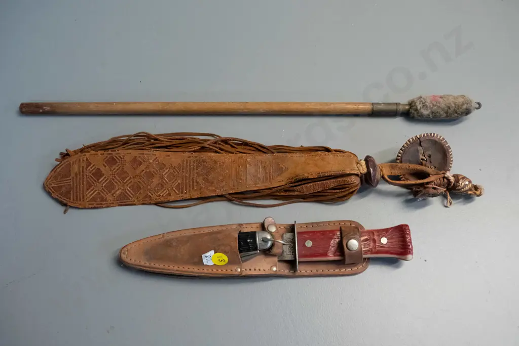 leather knife scabbard with 2 knives, ornamental leather item, rifle cleaner with wooden handle - larger knife marked Image 1++