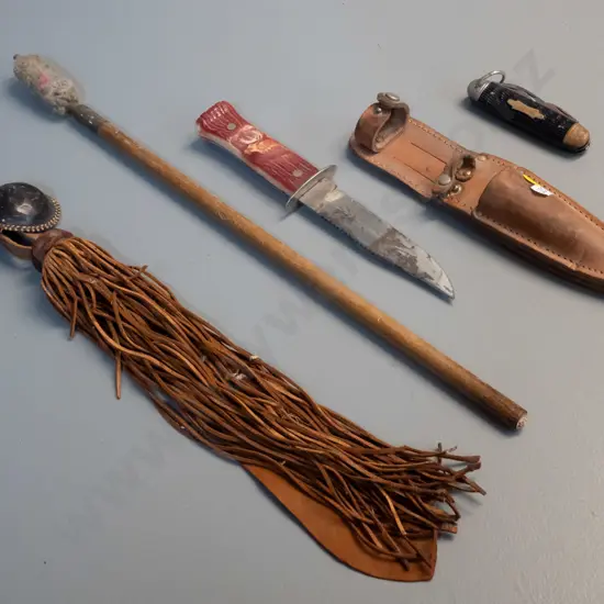 leather knife scabbard with 2 knives, ornamental leather item, rifle cleaner with wooden handle - larger knife marked