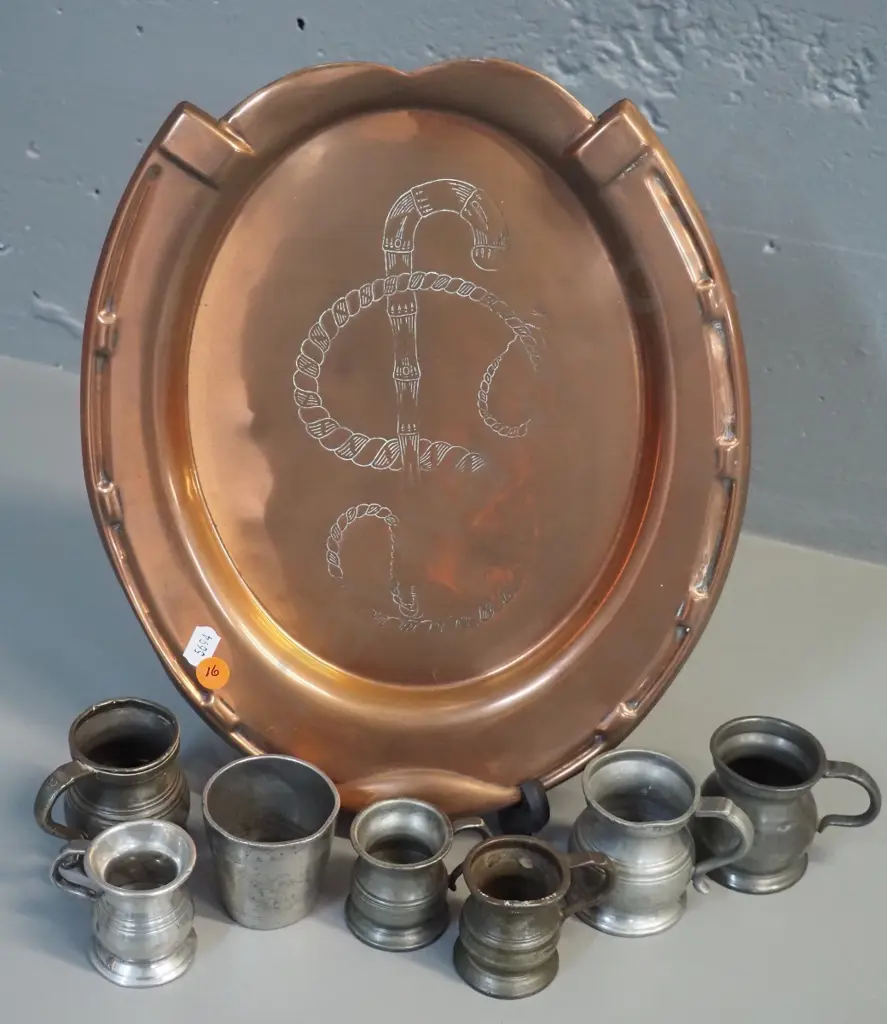 etched and pressed copper tray and 7 pewter spirit measures/ Tray is L-340 W-270 Image 1++