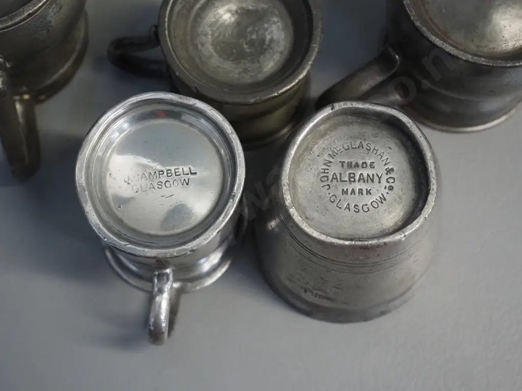 etched and pressed copper tray and 7 pewter spirit measures/ Tray is L-340 W-270 Image 1++