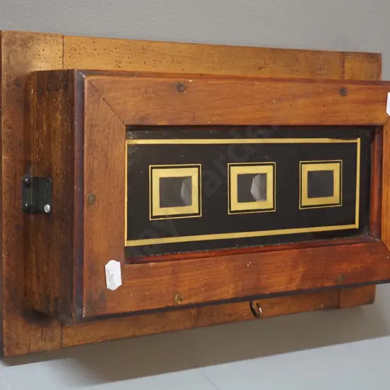 vintage wooden cased servants signal box with 3 glazed indicator windows - some borer holes in back H-200 W-330