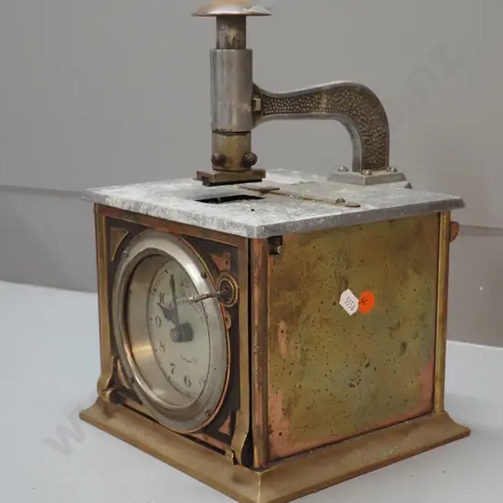 copper plated brass punch clock - face marked National Time Recorder Co Blackfriars London H-300 W-210 D-185