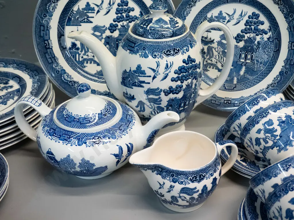 large quantity of Blue willow dinnerware, mostly Johnsons, teapot and some other items are Woods Image 1++