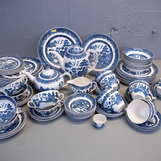 large quantity of Blue willow dinnerware, mostly Johnsons, teapot and some other items are Woods