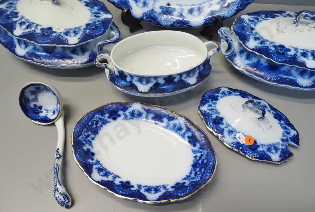 Alfred Meakin flow blue serving dishes - 2 lidded vegetable dishes, ashett, and lidded sauce boat with saucer & ladle Image 1++