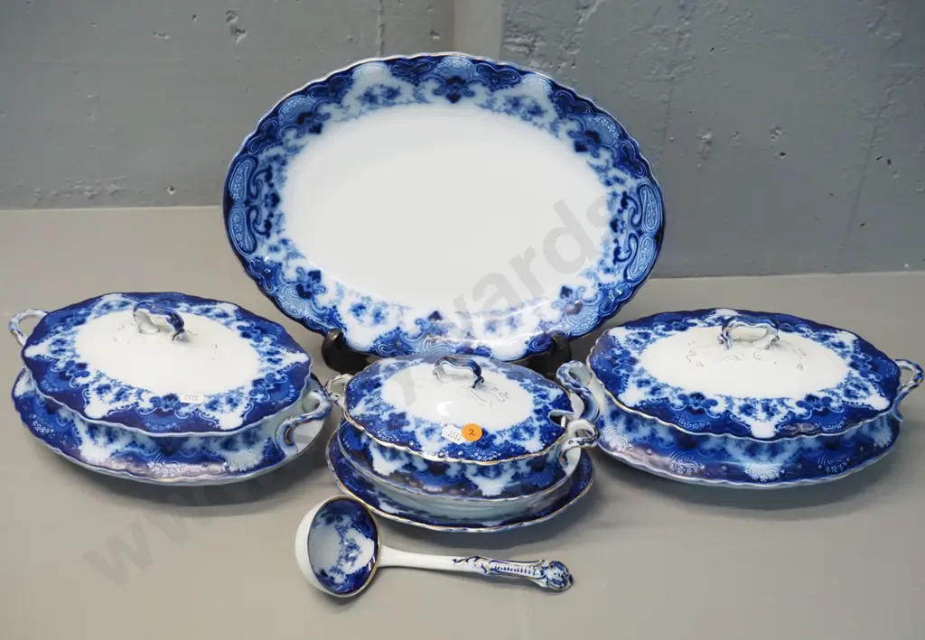 Alfred Meakin flow blue serving dishes - 2 lidded vegetable dishes, ashett, and lidded sauce boat with saucer & ladle Image 1++