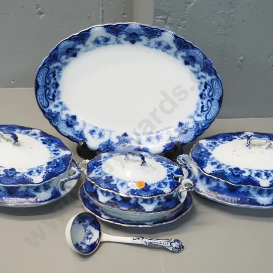 Alfred Meakin flow blue serving dishes - 2 lidded vegetable dishes, ashett, and lidded sauce boat with saucer & ladle