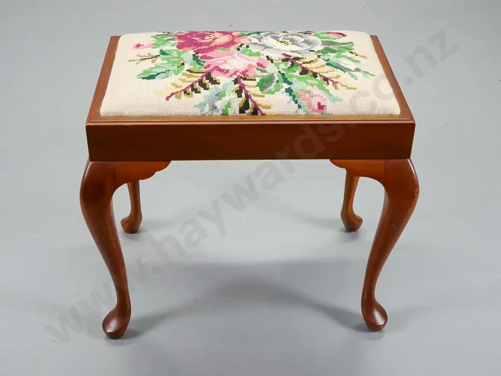 mahogany and beech cab leg dressing stool with floral tapestry cover Image 1++
