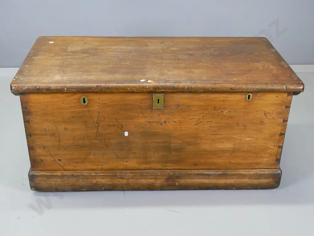 colonial kauri hand dovetailed trunk with three locks, good colour, no keys H-450  W-970 D-500 Image 1++