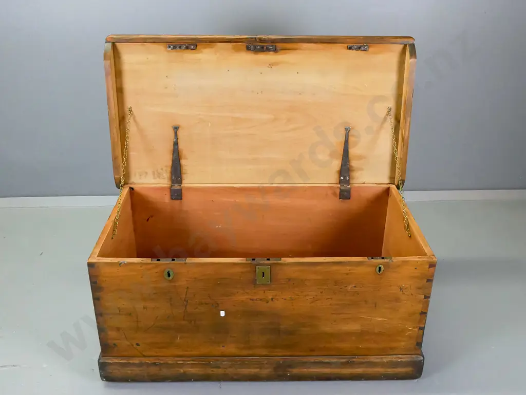 colonial kauri hand dovetailed trunk with three locks, good colour, no keys H-450  W-970 D-500 Image 1++