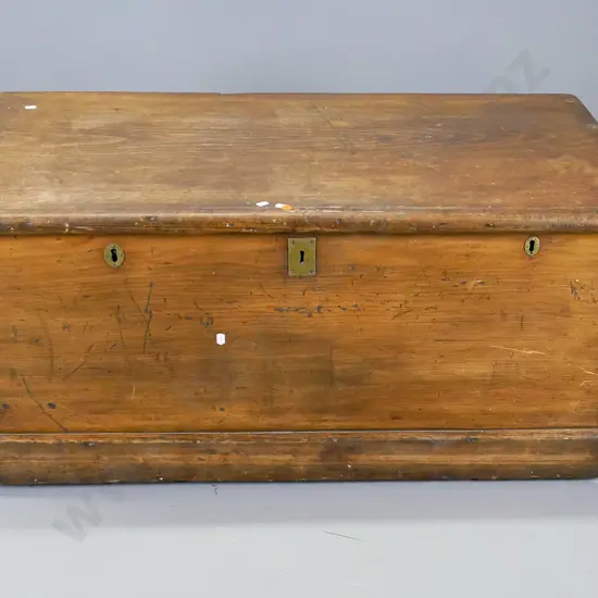 colonial kauri hand dovetailed trunk with three locks, good colour, no keys H-450  W-970 D-500
