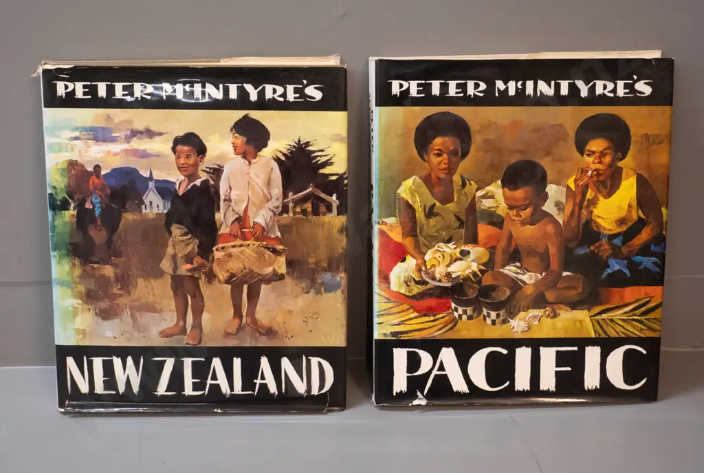 2 Peter McIntyre art books - "McIntyre's New Zealand" 1964 and "Pacific" 1966 - wear to dust jackets Image 1++
