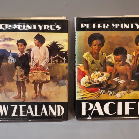 2 Peter McIntyre art books - "McIntyre's New Zealand" 1964 and "Pacific" 1966 - wear to dust jackets