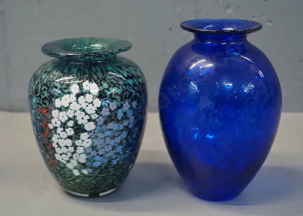 2 art glass vases, one millefiore style and one blue swirl pattern with Hoglund America's Cup 2000 label Image 1++