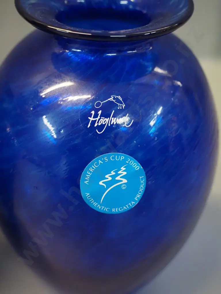 2 art glass vases, one millefiore style and one blue swirl pattern with Hoglund America's Cup 2000 label Image 1++