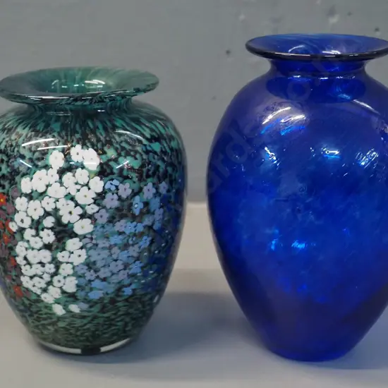 2 art glass vases, one millefiore style and one blue swirl pattern with Hoglund America's Cup 2000 label