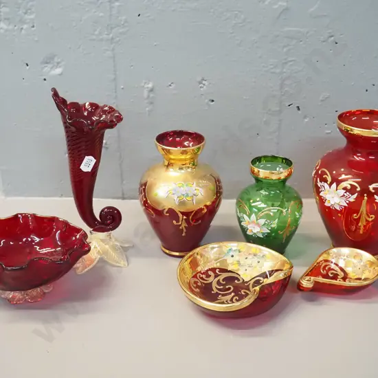 5 pieces of Venetian glass - 3 vases & 2 small dishes - and 2 pieces cranberry glass with clear handles, vase is H-190