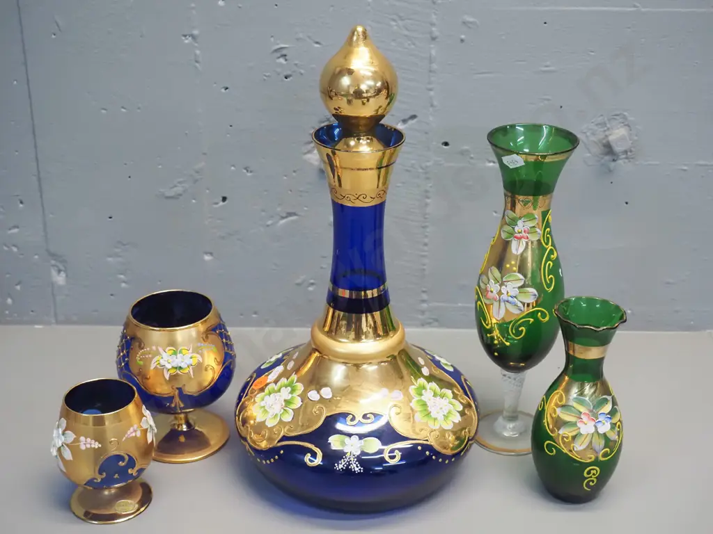 Venetian glass items - large blue stoppered decanter H-350 and 2 goblets, 2 green vases Image 1++