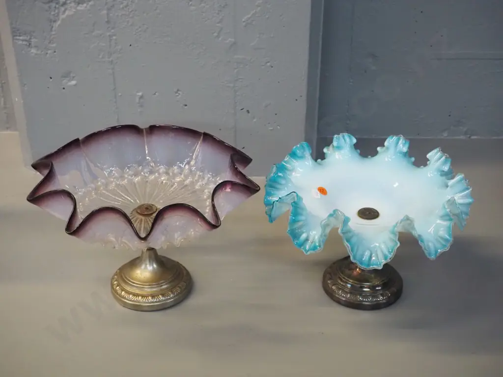 2 vintage frilled glass comport bowls with silver plated bases - some pitting to base of one. One with note re 1910 Image 1++