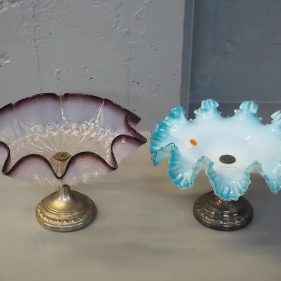 2 vintage frilled glass comport bowls with silver plated bases - some pitting to base of one. One with note re 1910