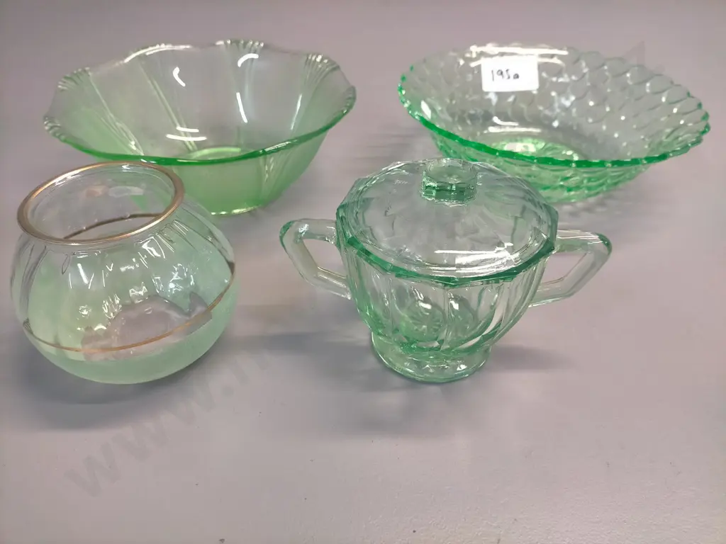 lidded depression glass double handled cup/bowl, green glass gold banded vase, uranium glass bowl, green glass bowl Image 1++