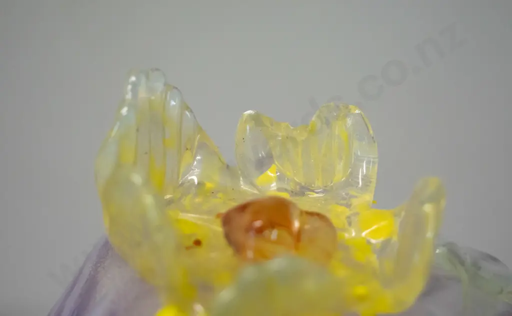 vintage small glass vase - frilled lavender & clear with uranium glass applied leaf and flower - has crack and chip to Image 1++