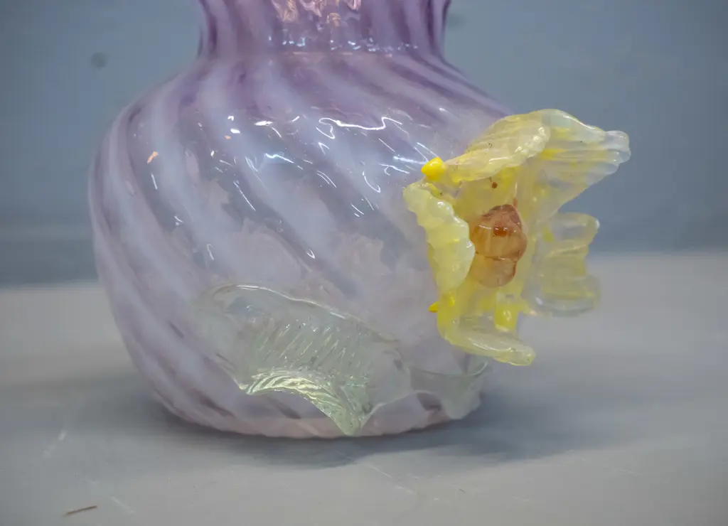 vintage small glass vase - frilled lavender & clear with uranium glass applied leaf and flower - has crack and chip to Image 1++