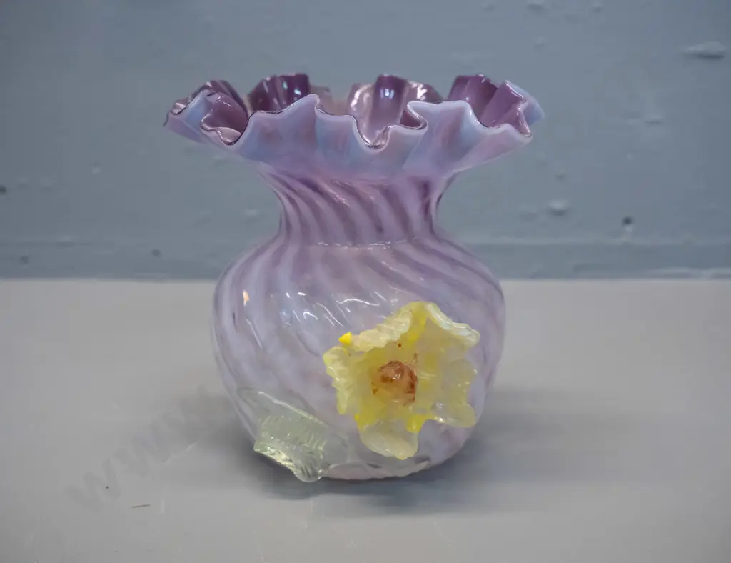 vintage small glass vase - frilled lavender & clear with uranium glass applied leaf and flower - has crack and chip to Image 1++