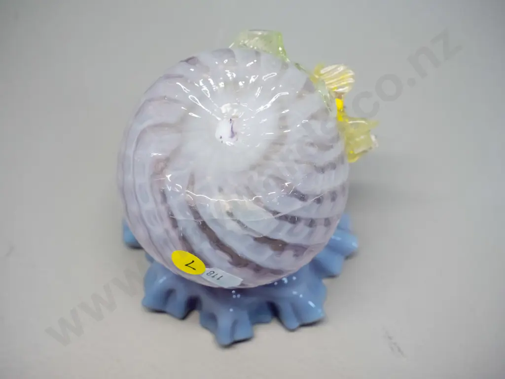 vintage small glass vase - frilled lavender & clear with uranium glass applied leaf and flower - has crack and chip to Image 1++