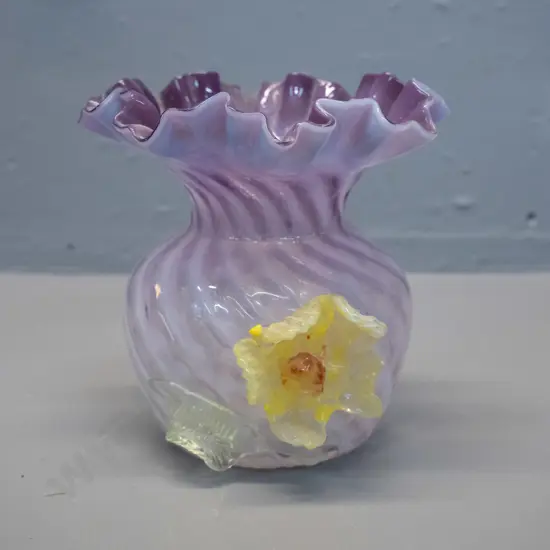 vintage small glass vase - frilled lavender & clear with uranium glass applied leaf and flower - has crack and chip to