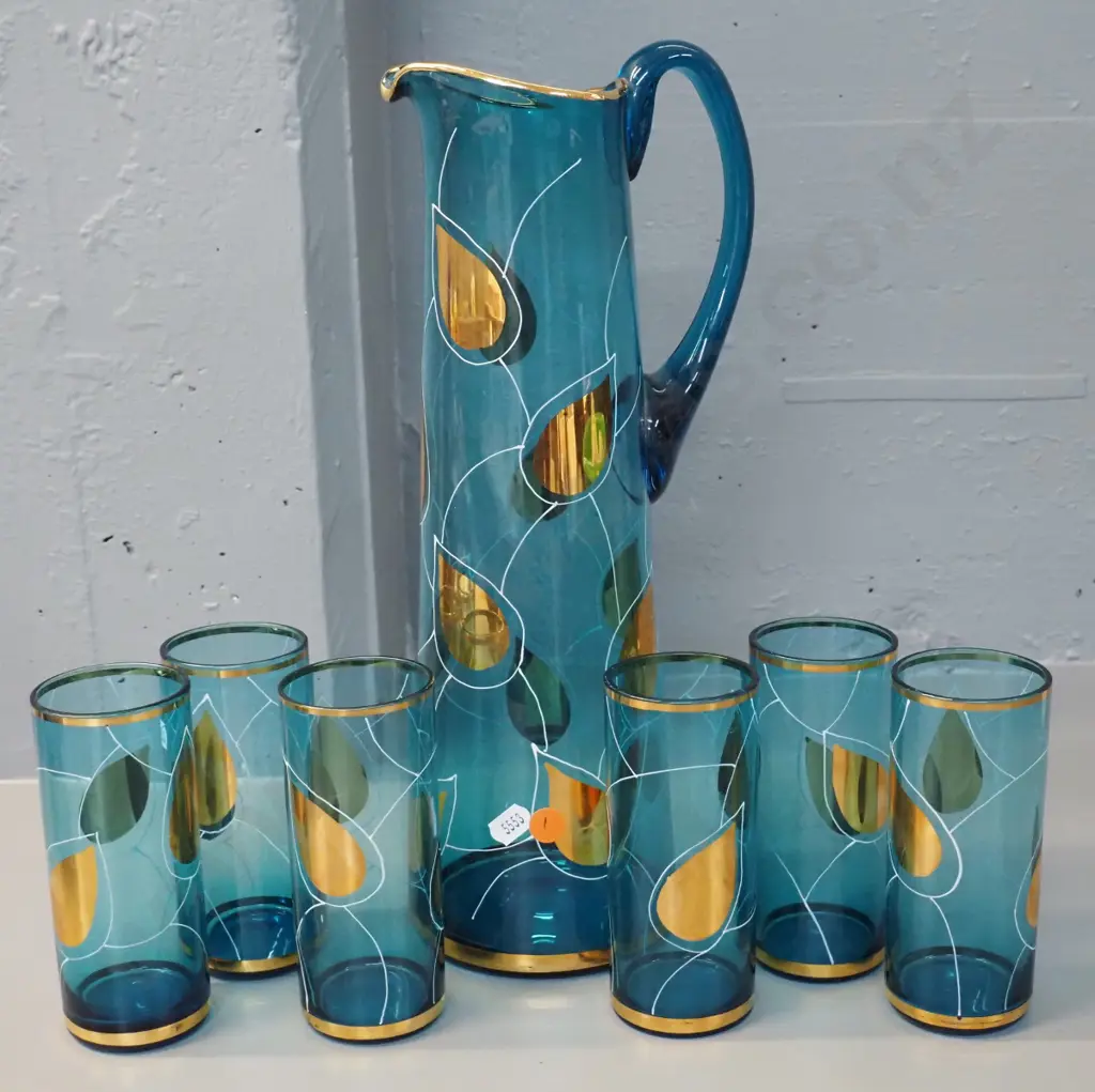 retro teal glass water set with gilt decoration - jug H-340 and 6 glasses Image 1++