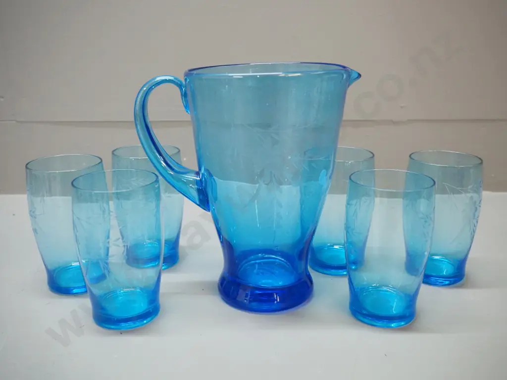 retro blue glass water set with jug H-200 and 6 glasses Image 1++
