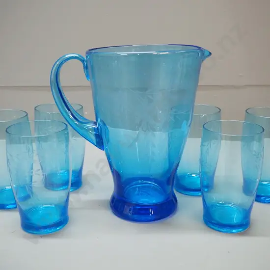 retro blue glass water set with jug H-200 and 6 glasses