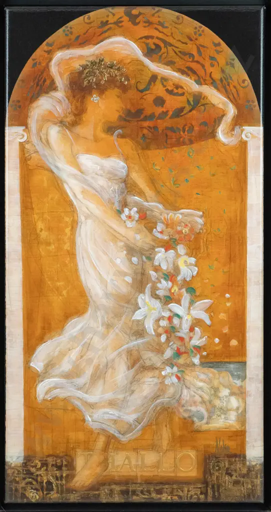 Nixon - framed mixed media - woman with flowers H-670 W-350 Image 1++