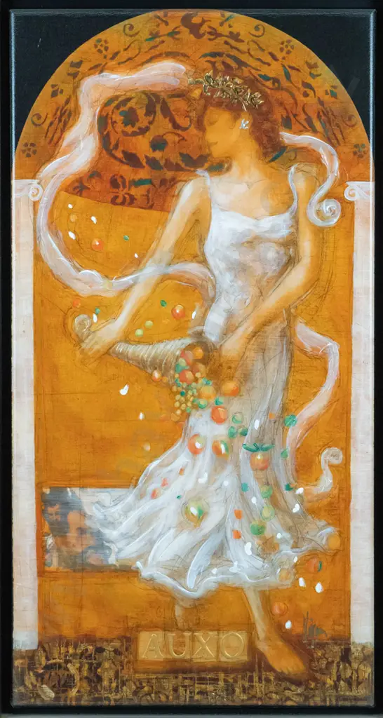 Nixon - framed mixed media - woman with fruit H-670 W-350 Image 1++