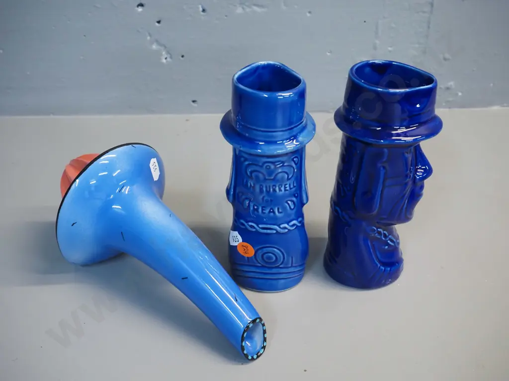Brendan Adams NZ studio pottery lemon squeezer L-210 and 2 Ian Burrell "For Real" tiki mugs/jugs/vases H-170 Image 1++