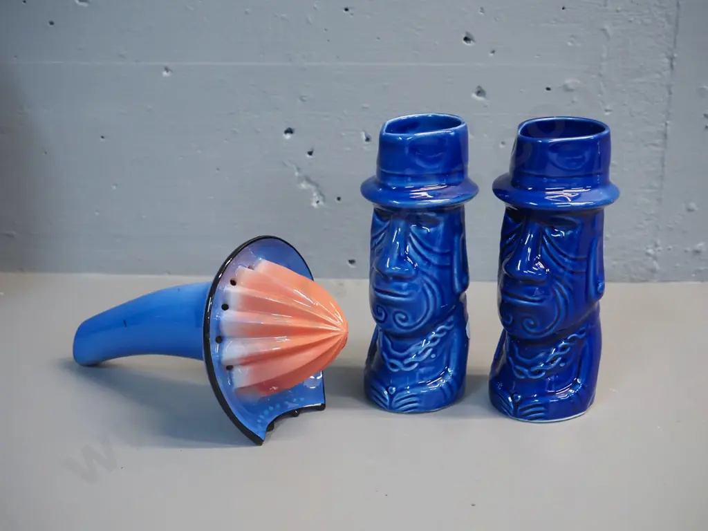 Brendan Adams NZ studio pottery lemon squeezer L-210 and 2 Ian Burrell "For Real" tiki mugs/jugs/vases H-170 Image 1++